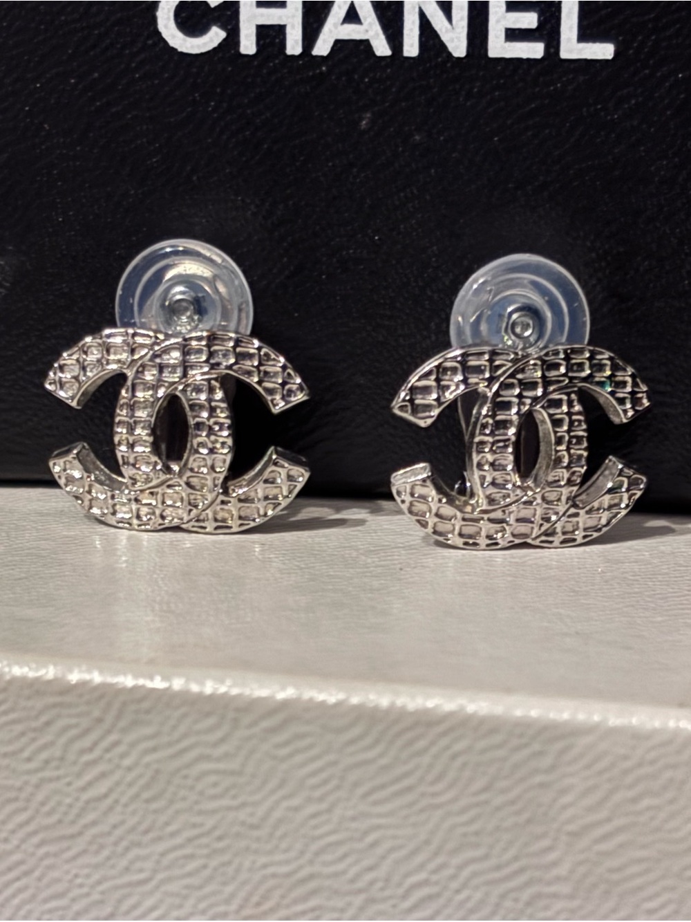 CHANEL Silver Quilted CC Logo Stud Earrings w/COA - Picture 2 of 11